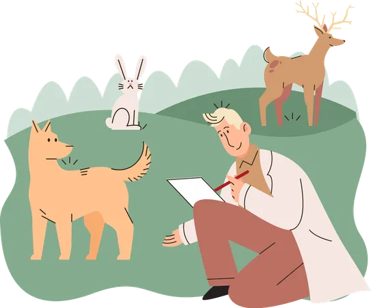 Zoologist study animals and birds in natural habitat  Illustration