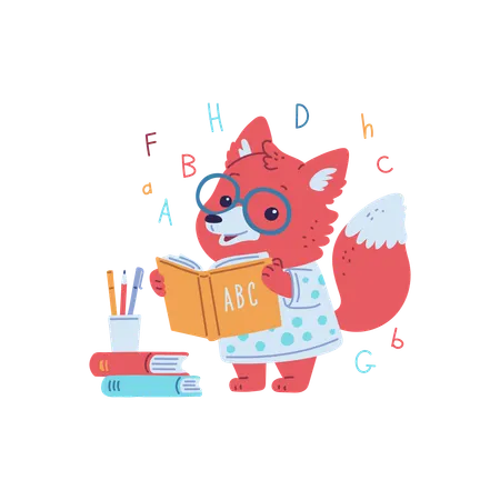 Lindo zorro con ropa y gafas leyendo un libro.  Ilustración