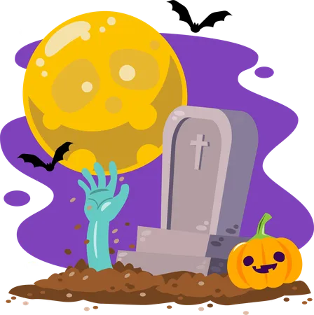 Zumbi fora da lápide na noite de lua cheia de Halloween  Ilustração