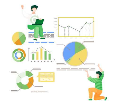 Zwei Arbeiter analysieren Statistiken an weißen Tafeln, Diagrammen, Grafiken, Kreisdiagrammen, Daten  Illustration