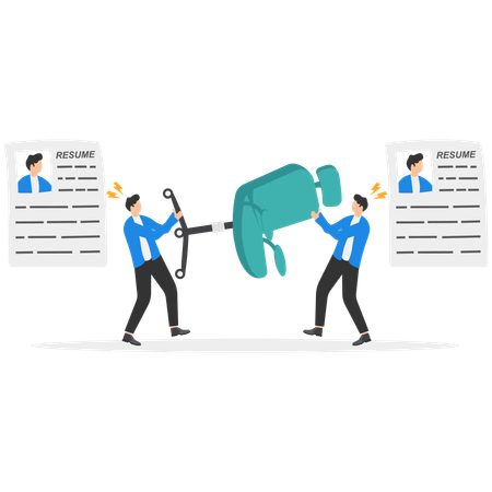 Zwei Arbeitssuchende mit Lebenslauf teilen sich eine Mitarbeiter-Aktentasche  Illustration