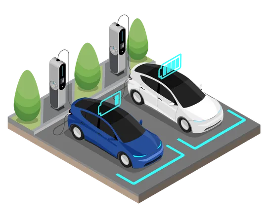 Zwei Elektroautos halten an Ladestation  Illustration