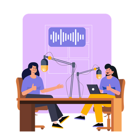 Zwei Frauen nehmen Podcast auf  Illustration