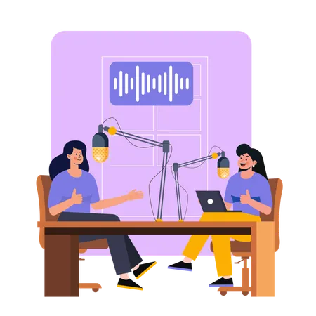 Zwei Frauen nehmen Podcast auf  Illustration