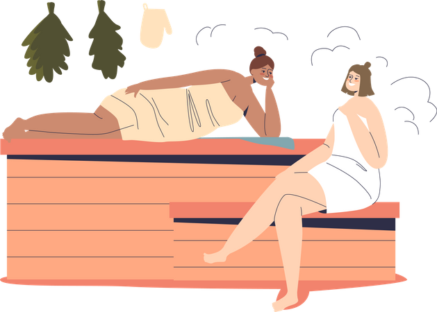 Zwei Frauen entspannen sich in der Sauna oder Banja mit Handtüchern und liegen auf Holzbänken und genießen den heißen Wasserstrahl  Illustration