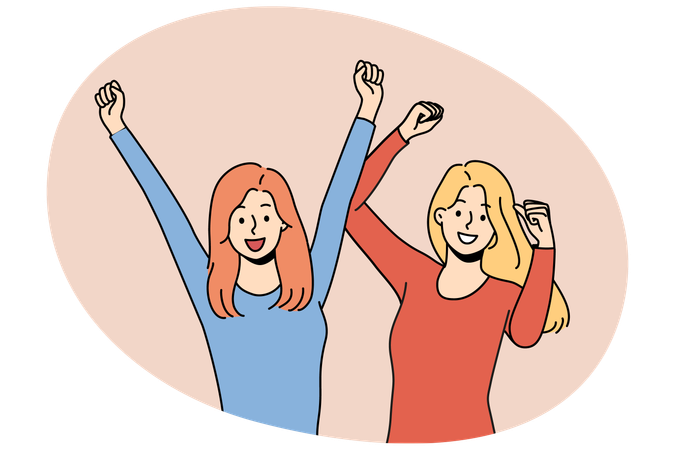 Zwei Frauen heben triumphierend die Hände hoch und feiern den erfolgreichen Abschluss des Colleges  Illustration