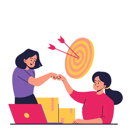 Zwei Frauen geben sich fünfmal die Ehre für erfolgreiche Teamarbeit  Illustration