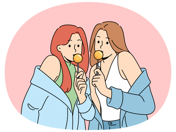 Zwei Frauen mit Chupa Chups in den Händen, gekleidet in modische, verführerische Kleidung, essen Lutscher  Illustration