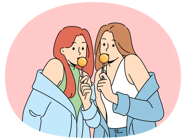 Zwei Frauen mit Chupa Chups in den Händen, gekleidet in modische, verführerische Kleidung, essen Lutscher  Illustration