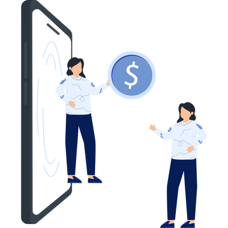Zwei Frauen mit einem riesigen Telefon und einer Dollarmünze  Illustration