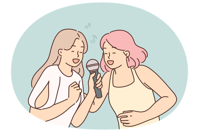 Zwei Frauen singen beim Karaoke auf einer Hausparty ein Lied, ich bekomme positive Emotionen durch musikalische Freizeit  Illustration