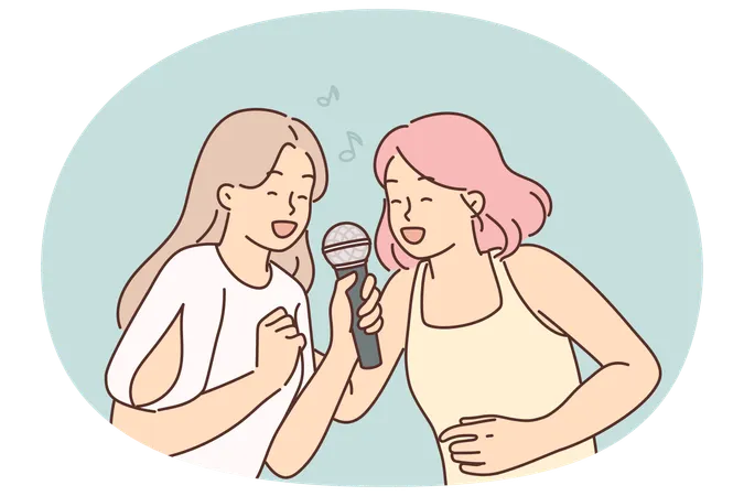 Zwei Frauen singen beim Karaoke auf einer Hausparty ein Lied, ich bekomme positive Emotionen durch musikalische Freizeit  Illustration