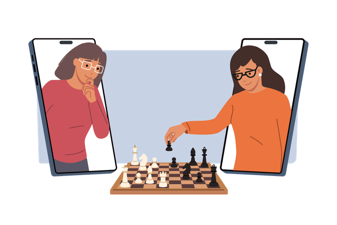 Zwei Frauen spielen Schach über eine mobile Anwendung auf Smartphones  Illustration