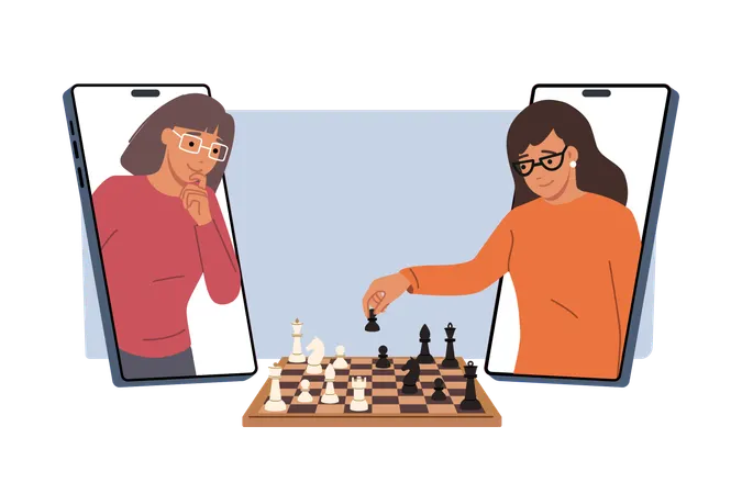 Zwei Frauen spielen Schach über eine mobile Anwendung auf Smartphones  Illustration