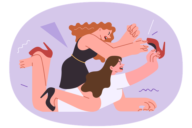 Zwei Frauen streiten sich im Laden um Schuhe, um besser auszusehen als andere und um reduzierte Waren  Illustration