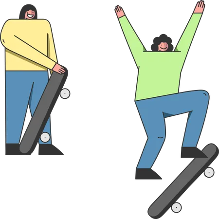 Begriff Von Skateboard Riding Zwei Freunde Teenager Skateboarder Reiten Skateboard Freunde Ar Machen Stunts Springen In Luft An Brett In Skatepark Karikatur Aufreissen Linear Flache Vektor Abbildung Illustration
