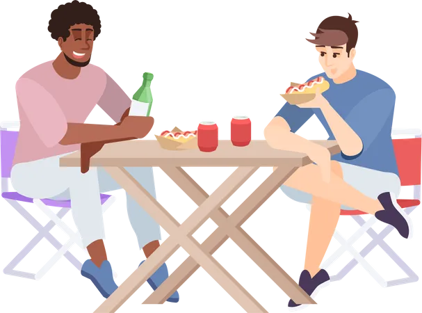 Zwei Freunde genießen das Mittagessen auf dem Campingplatz  Illustration