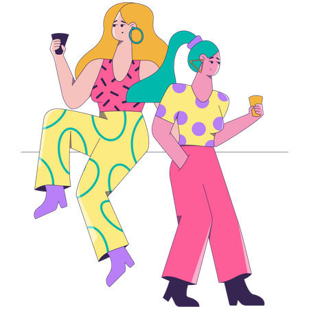 Zwei Freundinnen trinken auf einer Party etwas  Illustration