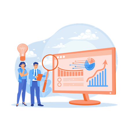 Zwei Geschäftsleute analysieren Diagrammdaten und entwickeln Ideen zur Verbesserung des Marketings  Illustration