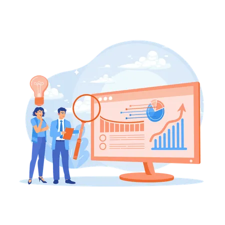 Zwei Geschäftsleute analysieren Diagrammdaten und entwickeln Ideen zur Verbesserung des Marketings  Illustration