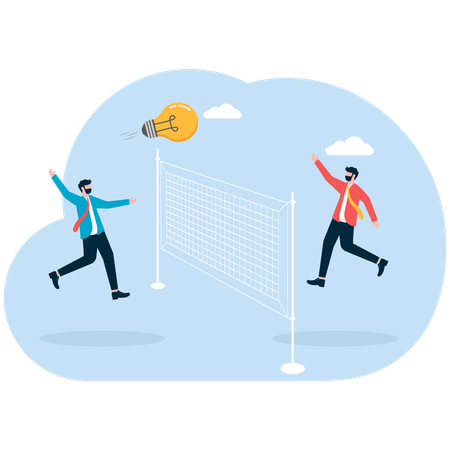 Zwei Geschäftsleute drängen sich bei einem Volleyballspiel gegenseitig ihre Ideen auf  Illustration