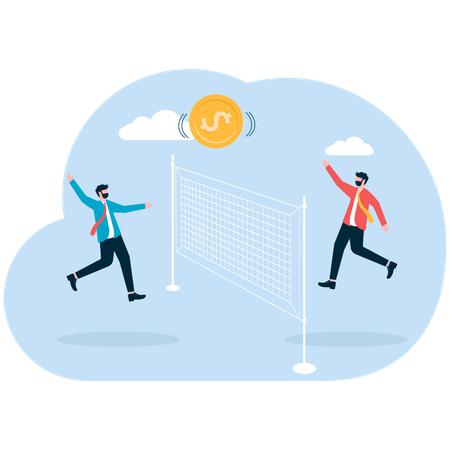 Zwei Geschäftsleute schieben sich bei einem Volleyballspiel gegenseitig Dollarmünzen zu.  Illustration
