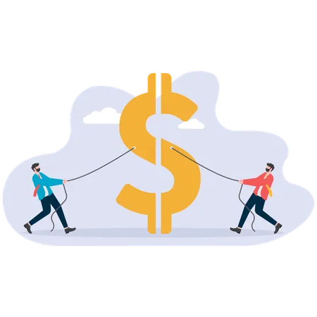 Zwei Geschäftsleute streiten um Marktanteile und reißen den großen Dollar auseinander  Illustration