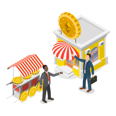 Zwei Geschäftsleute tauschen Kryptowährung auf dem Markt  Illustration