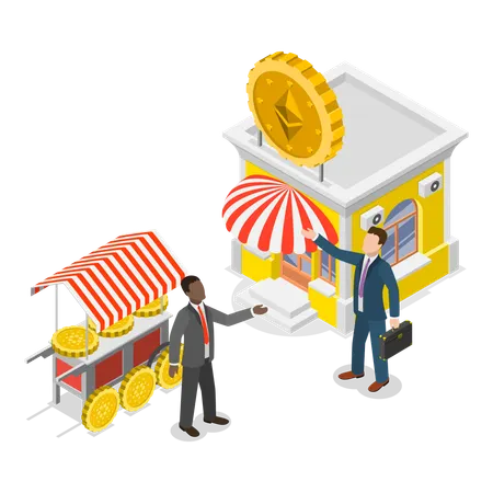Zwei Geschäftsleute tauschen Kryptowährung auf dem Markt  Illustration
