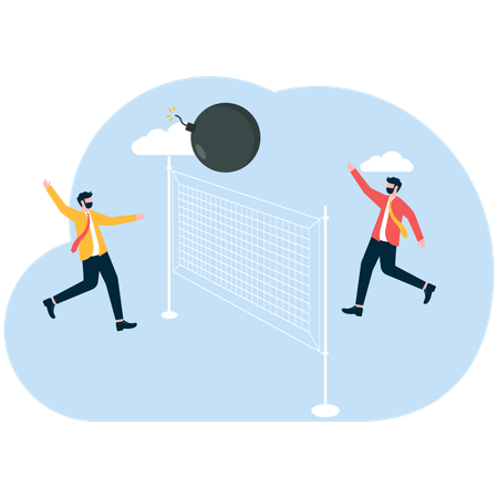 Zwei Geschäftsleute werfen sich bei einem Volleyballspiel gegenseitig Bomben zu  Illustration