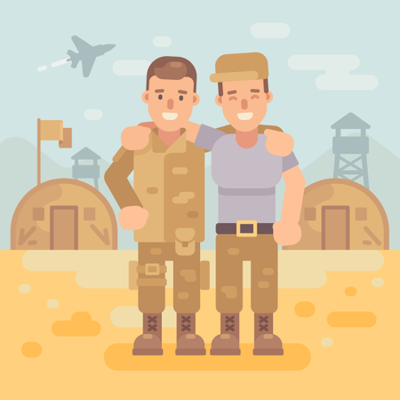 Zwei glückliche Soldatenfreunde in einer Militärlager-flachen Illustration mit Armeeszene-Hintergrund  Illustration