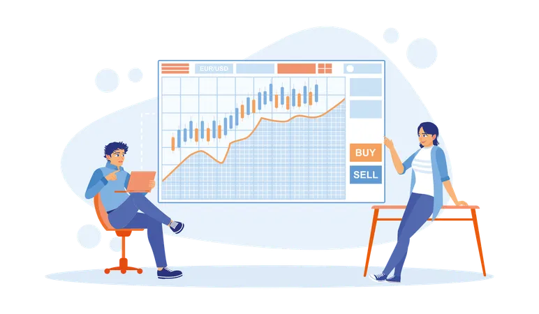 Zwei Investoren analysieren mit einem Laptop die Höhen und Tiefen des Aktienmarktes  Illustration