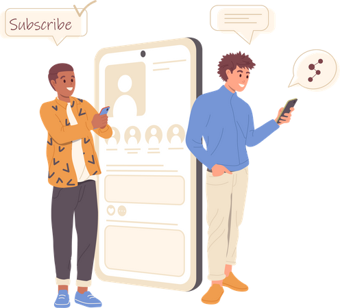 Zwei junge Männer chatten in sozialen Medien  Illustration