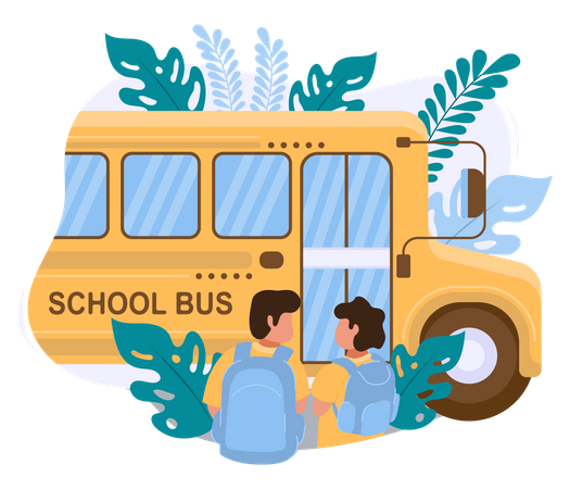 Zwei Jungen fahren mit dem Schulbus zur Schule  Illustration