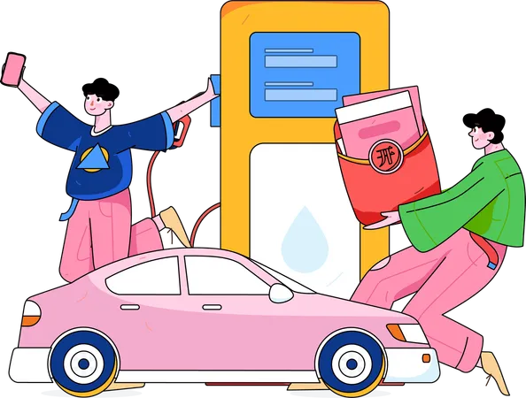 Zwei Jungs an einer Tankstelle  Illustration