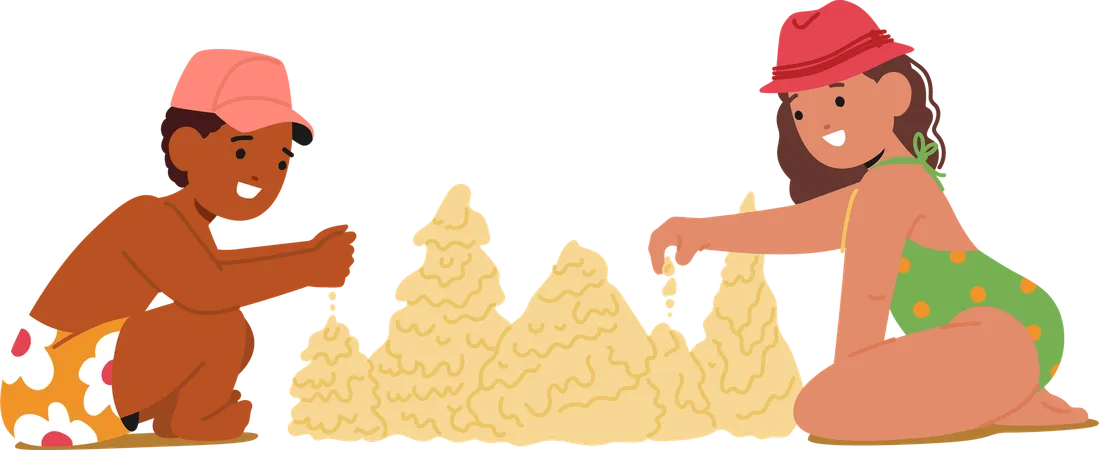 Zwei Kinder bauen gemeinsam große Sandburgen am Sonnenstrand  Illustration