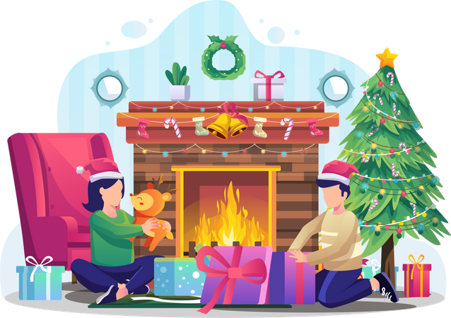 Zwei Kinder packen Weihnachtsgeschenke aus  Illustration