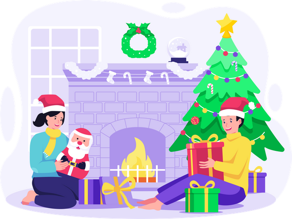 Zwei kleine Kinder öffnen Weihnachtsgeschenke  Illustration