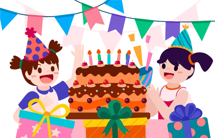 Zwei Mädchen feiern zusammen Geburtstag  Illustration