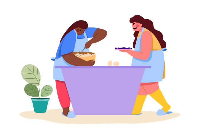 Zwei Mädchen kochen zusammen am Tag der Freundschaft  Illustration