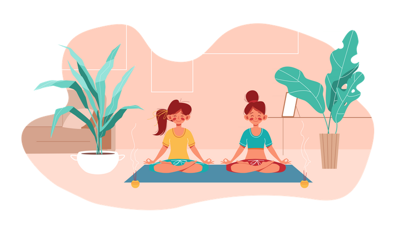 Zwei Mädchen machen Yoga im Lotussitz  Illustration