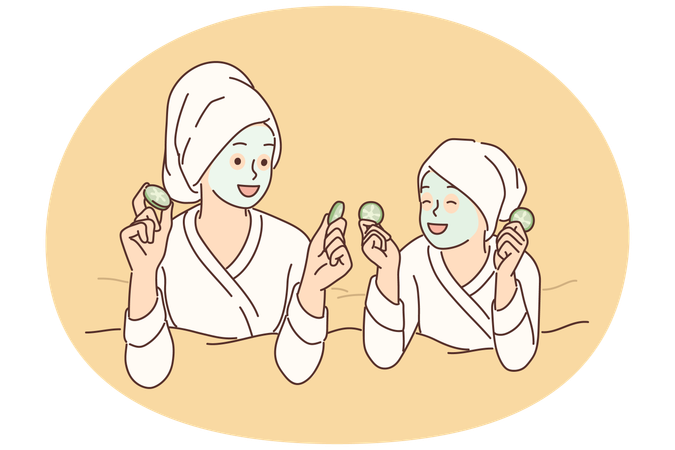 Zwei Mädchen mit Hygienemaske auf dem Gesicht liegen während einer verjüngenden Spa-Behandlung auf dem Bett  Illustration