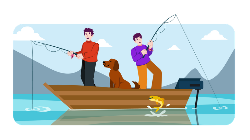 Zwei Männer stehen im Boot und fangen Fische  Illustration