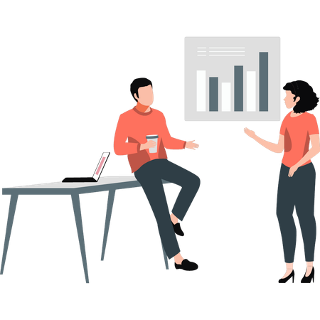 Zwei Mitarbeiter diskutieren über Diagramme  Illustration