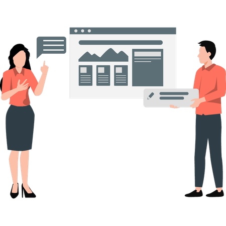 Zwei Mitarbeiter diskutieren über Diagramm  Illustration