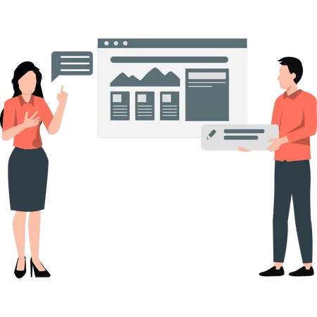 Zwei Mitarbeiter diskutieren über Diagramm  Illustration