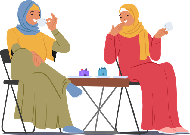 Zwei muslimische Frauen sitzen und genießen Tee  Illustration