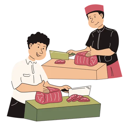 Zwei muslimische Männer schneiden Fleisch  Illustration