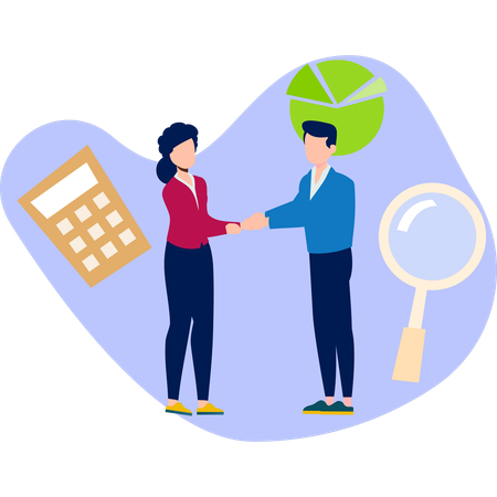 Zwei Personen schütteln sich die Hände und halten in der Nähe einen Taschenrechner, der eine Partnerschaft oder eine finanzielle Vereinbarung darstellt.  Illustration