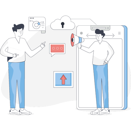 Zwei Personen stehen neben einem Telefon mit einem Cloud-Symbol, das Cloud-Kommunikation oder -Speicher symbolisiert  Illustration